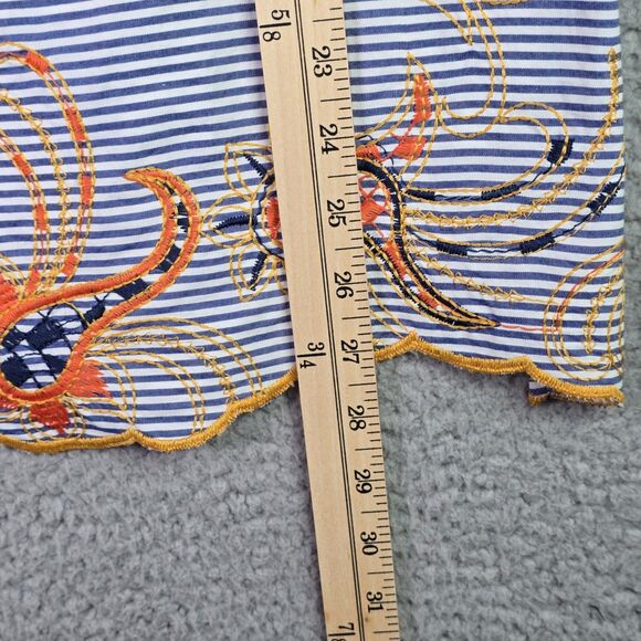 Peck & Peck Embroidered Striped Floral Shirt Small Cotton Boho Scallop Hem Blue - Picture 11 of 16